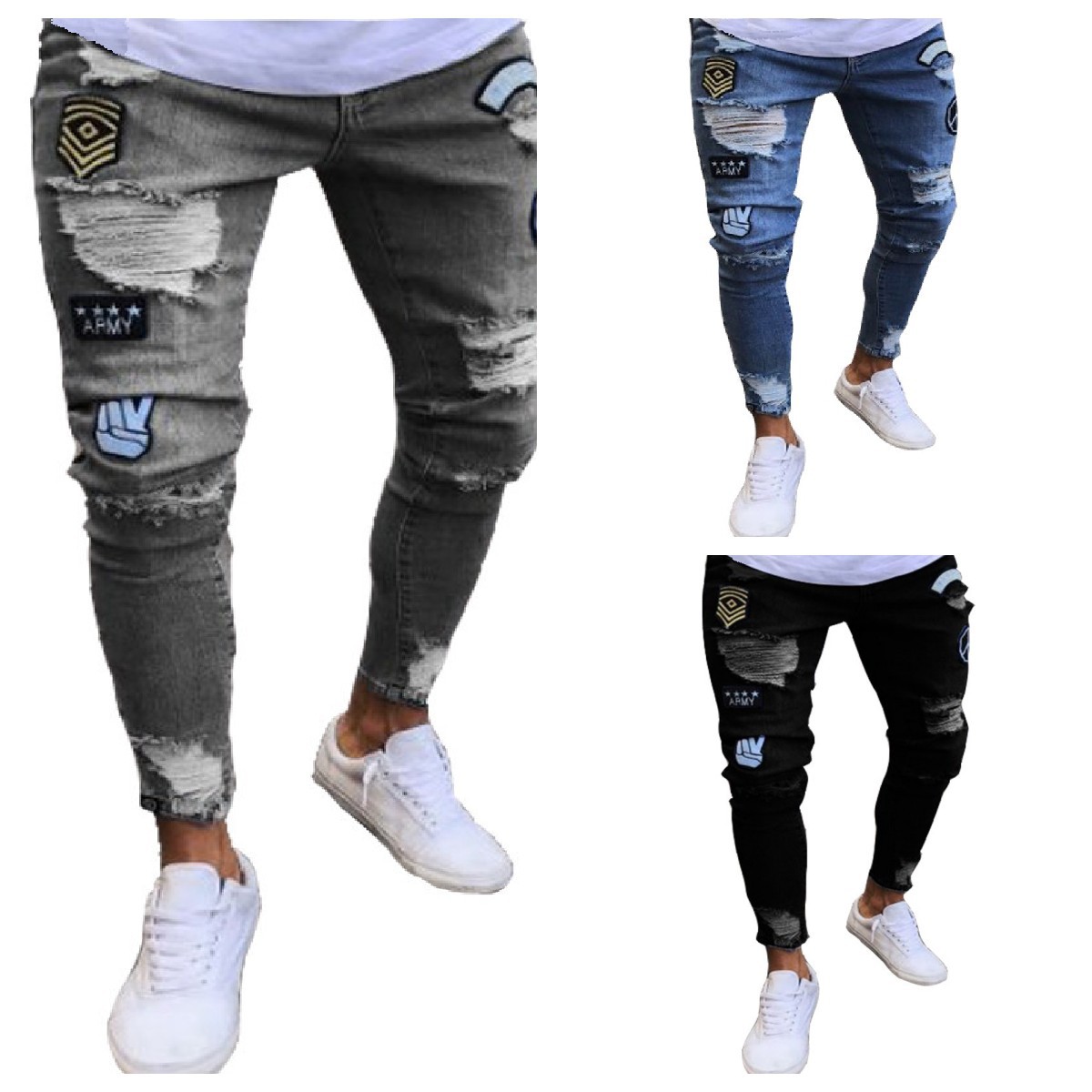 Cross-border European and American Badge Embroidered Men's Jeans Knee Ripped Zipper Leggings Foreign Trade plus size Denim Pants