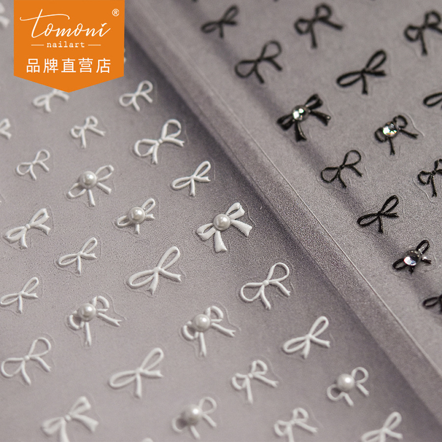 Tomoni&Tata Crystal Diamond Nail Art Stickers Casual Neutral Daily Commuting Nail Stickers Easiest for Match Black and White Bow