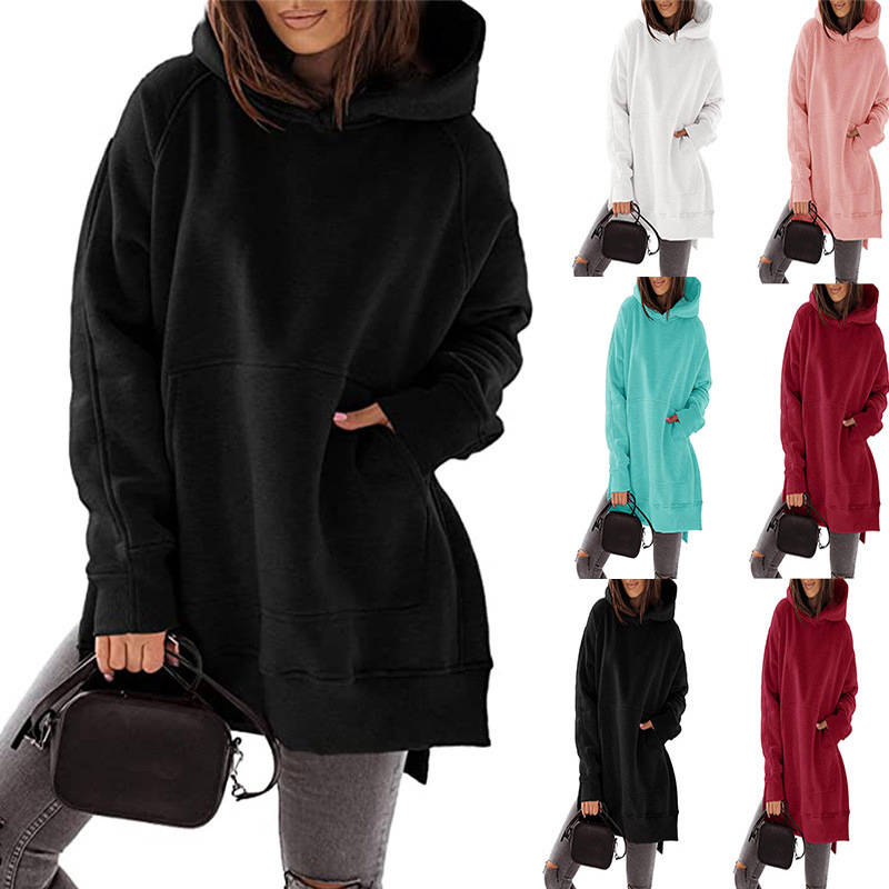 European and American Foreign Trade New Cross-border Long-sleeved Crewneck Fleece-lined Sweater Solid Color Pocket Loose Hooded Long-sleeved Sweater Women's Wear