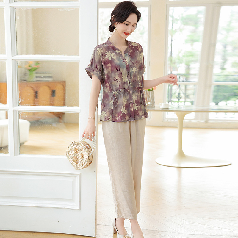 In-Stock Mom's Clothing Summer New Stylish Fashion Set Short-Sleeve Shirt + Pants Two-Piece Set for Middle-Aged and Elderly Women