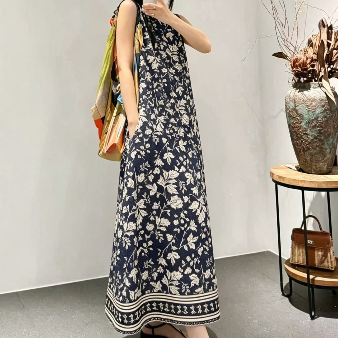Shenzhen Nanyou 2026 Summer New High-End Lyocell Linen Drawstring Waist Printed Sleeveless Long Dress for Women
