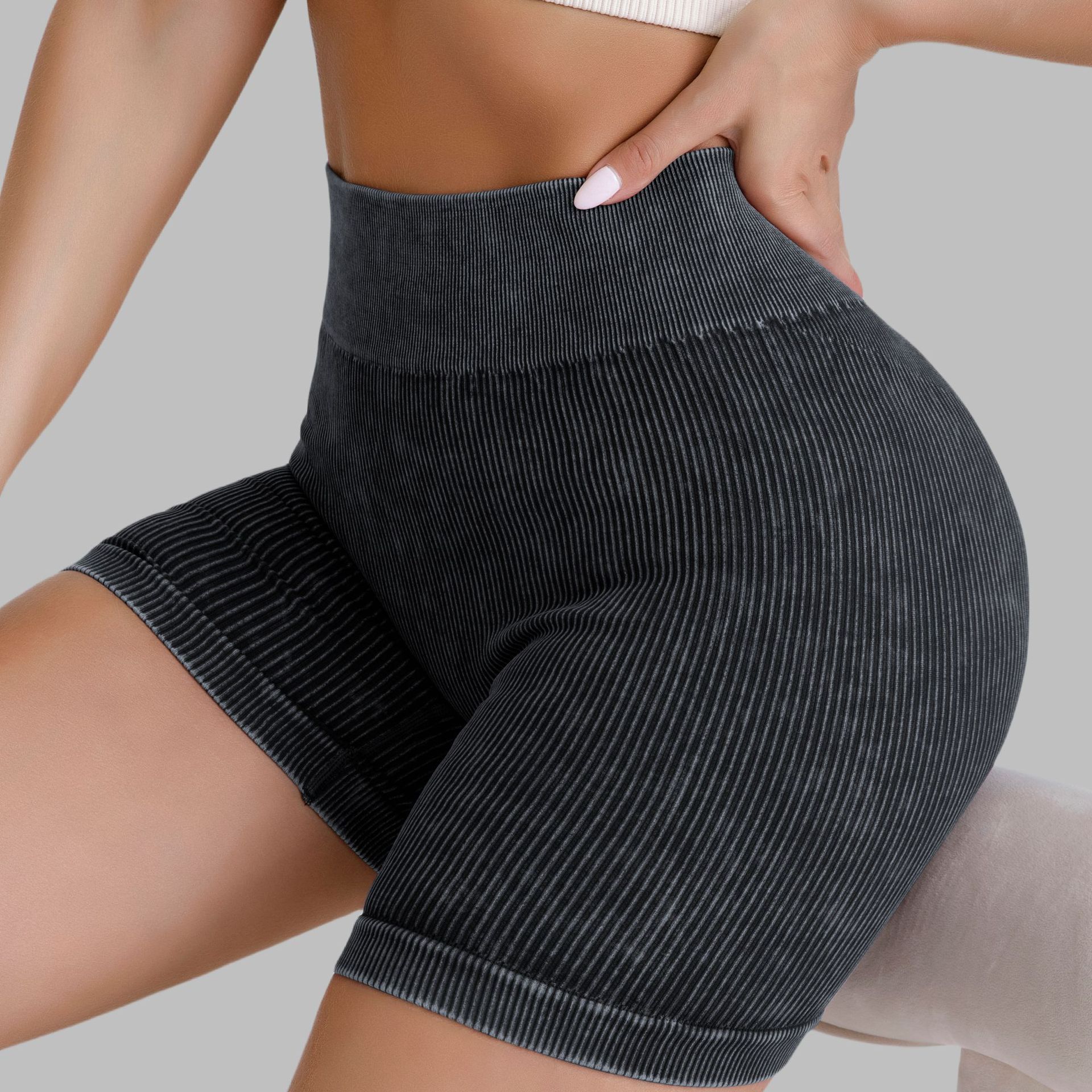 Cross-border Sand-washed Yoga Pants for Women, High-waisted, Hip-lifting, Quick-drying, Tight-fitting Running Fitness Pants, Pure Color Sports Pants, Threaded Shorts