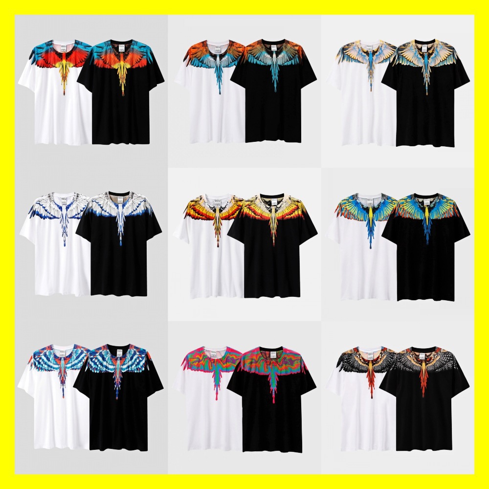 Cross-Border European and American Trendy Brand Mb Short-Sleeved Gradient Colorful Wings T-Shirt for Men and Women Couples Black and White Feather Half-Sleeved Tee