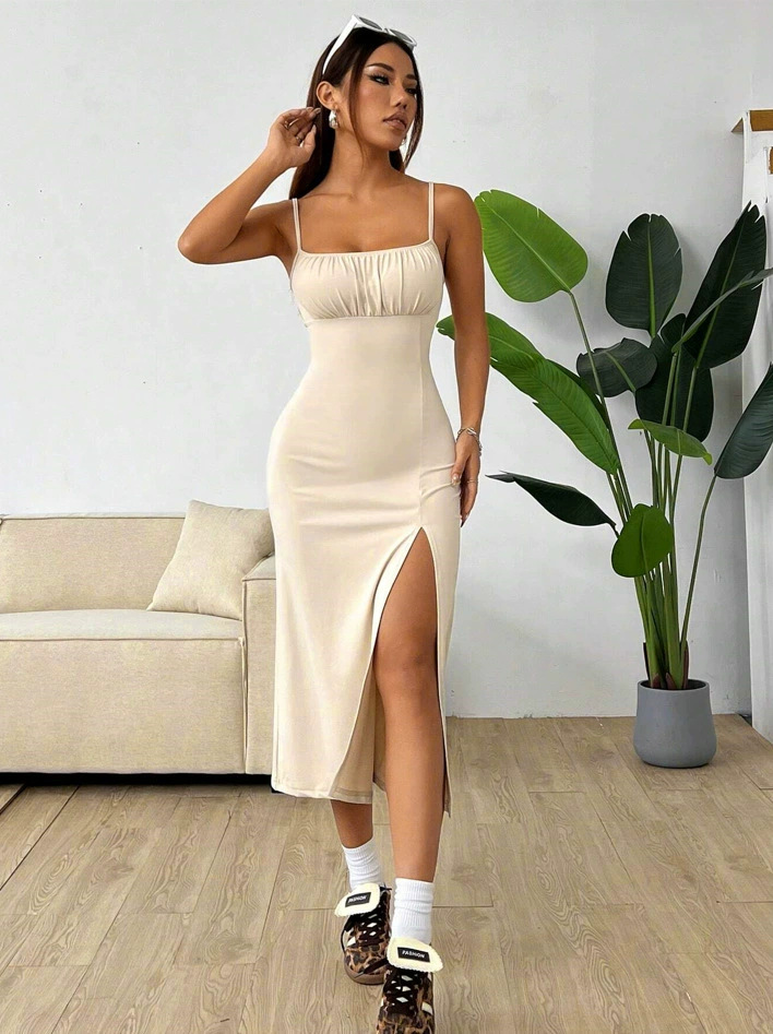 Cross-Border Autum 2025 Strappy Chest-Wrapped High Slit Leopard Print Hip-Hugging Long Dress