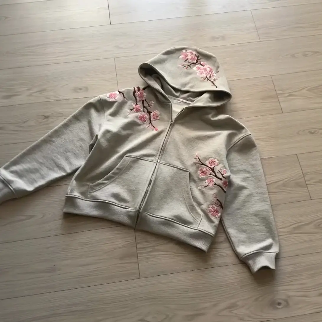 Cross-Border European and American Cherry Blossom Embroidered Zipper Sweatshirts for Men and Women, Harajuku Style Loose and Versatile Hoodies, Casual Tops