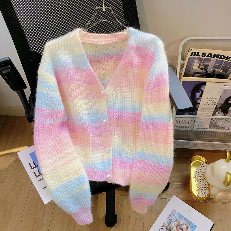 Sweet gentle style knitwear for women 2024 autumn and winter New soft glutinous milk fufu gradient rainbow sweater small shirt coat