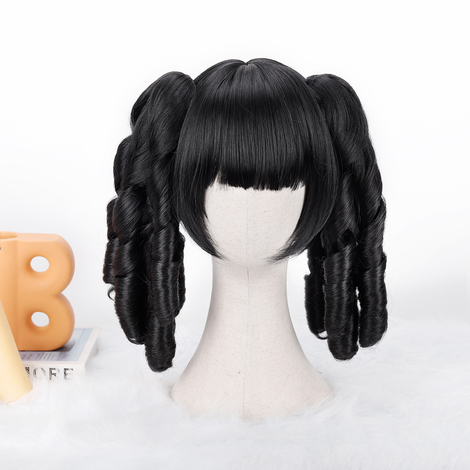 Wig Retro Roman Curls Lady Lolita Double Ponytail Black Wig Set Cosplay