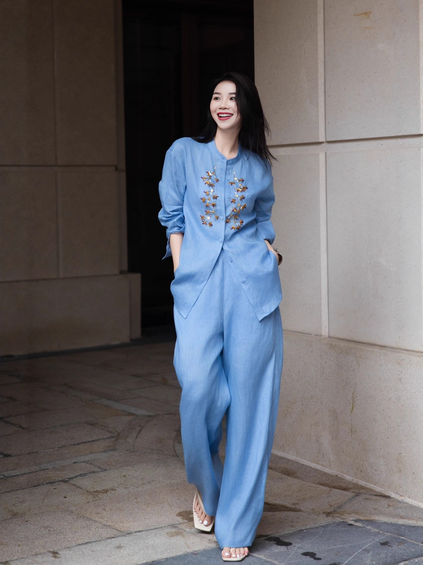 Nanyou Linen Fashion Set 2026 High-End Old Money Style Handmade Beaded Loose Shirt and Long Pants Two-Piece Set for Export