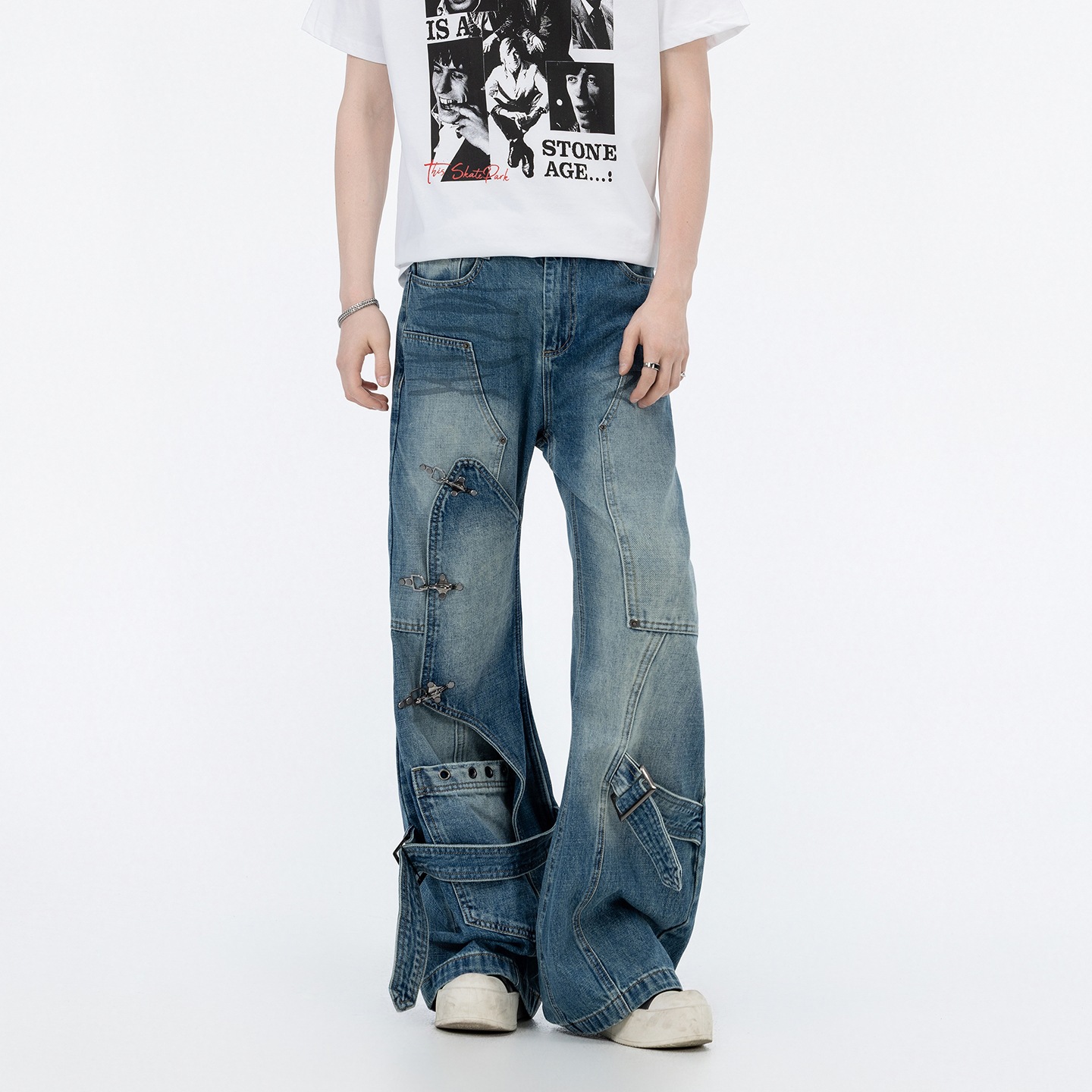 Men's Trendy Brand Jeans with Ink Print, Functional Workwear, Slightly Loose Flared Pants