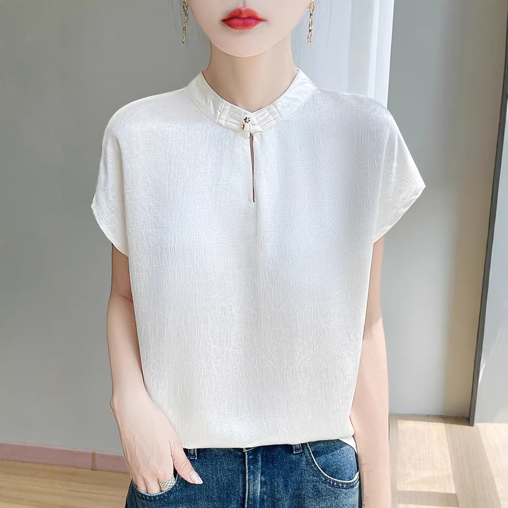 New Chinese-Style National Style Short-Sleeve T-Shirt for Women, Summer Design with Stand Collar and Traditional Buttons, Retro 2025 New Model Half-Sleeve Top