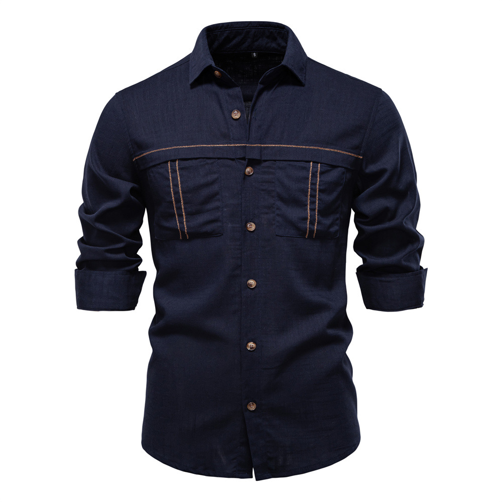 2025 Spring and Summer European and American Cross-border New Men's Casual Shirt European Size Solid Color Pocket Decorative Long Sleeve Shirt for Men