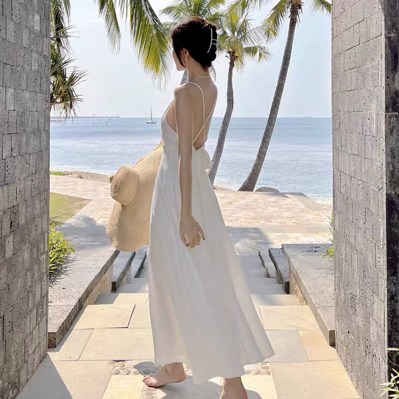 French Retro Satin Sexy Super Fairy Pure Color Suspender Dress Seaside Resort Style Backless Beach Long Dress for Women Trendy
