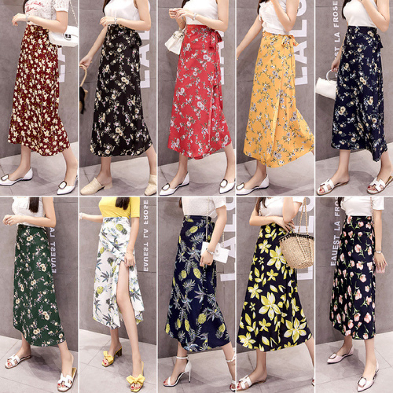 Ethnic Style One-Piece Skirt Bundled Mid-Length Vacation Beach Skirt Lace-Up Wrap Skirt Floral Skirt Petite