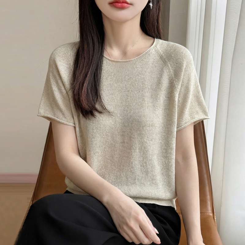 Tencel Ramie Knitted Short-Sleeve T-Shirt for Women, Summer 2026, Thin and Loose Fit, Slimming Half-Sleeve Base Shirt, Women's Top
