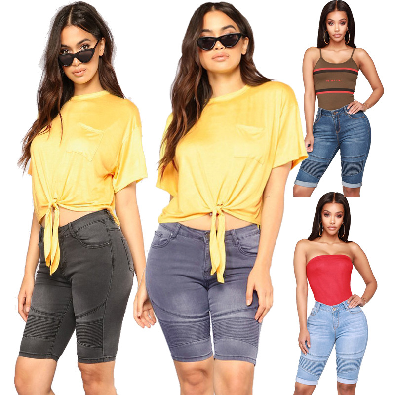 2025 European and American Amazon Foreign Trade Women's Motorcycle Elastic Mid-Pants Blue Denim Women's Jeans Cross-Border Dropshipping