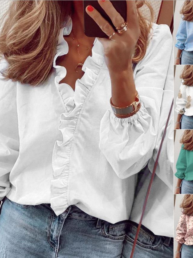 2024 Amazon Wish Aliexpress Ebay Spring and Summer European and American New Long-Sleeved Ruffled Shirts Women's Shirts