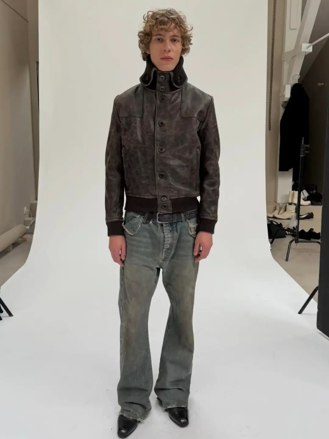No Faith studios limited edition denim pants with red ears, red edges, denim, washed, distressed, spliced, and splashed ink