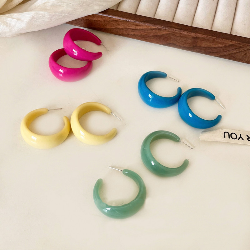 Retro Hong Kong Style Blue C-Shaped Hoop Earrings for Women, Seaside Resort Style Exaggerated Earrings, Dopamine Ring Earrings
