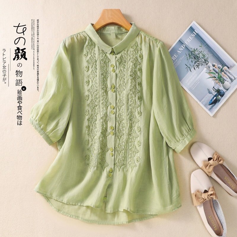 5-Color Embroidered Floral Three-Quarter Sleeve Cotton and Linen Shirt for Women, Loose Fit, 2026 Summer New Style, Artistic Retro Turn-Down Collar Shirt for Women