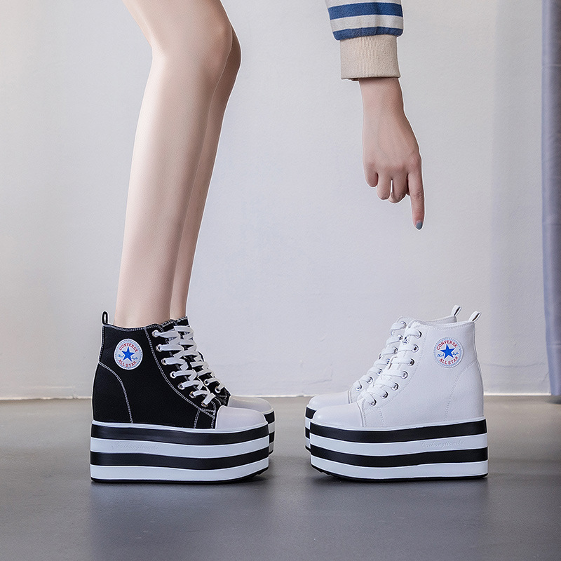 Casual Shoes 2026 Spring and Autumn New Style Thick-Soled High-Top Canvas Shoes for Women, Ultra-High 12cm Internal Height Increase Women's Shoes, Platform Fashion