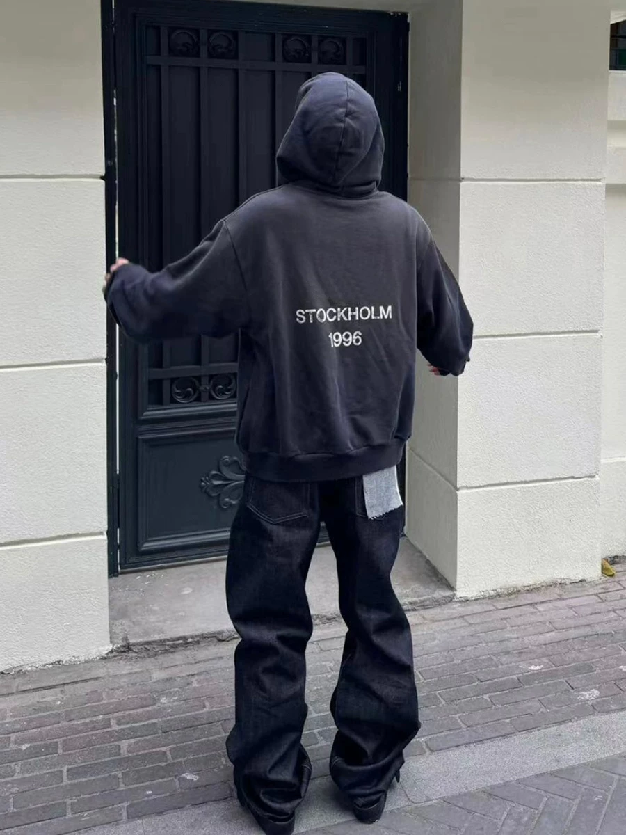 Chunyuan Ac Oem 1996 Rendering Washed Distressed Basic Letter Print American Hooded Sweatshirt for Men and Women Beautiful Trend foto QC de TAOBAO en Qualit.ly