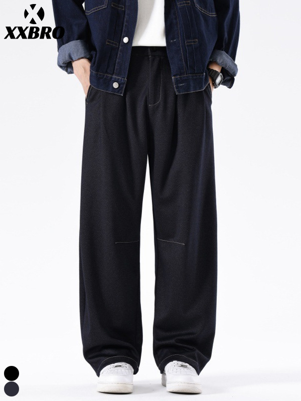 Muxi Clothing # American-Style Trendy Brand Curved Hem Knitted Raw Denim Color Drapey Casual Pants Sports Elastic Straight-Leg Pants for Men
