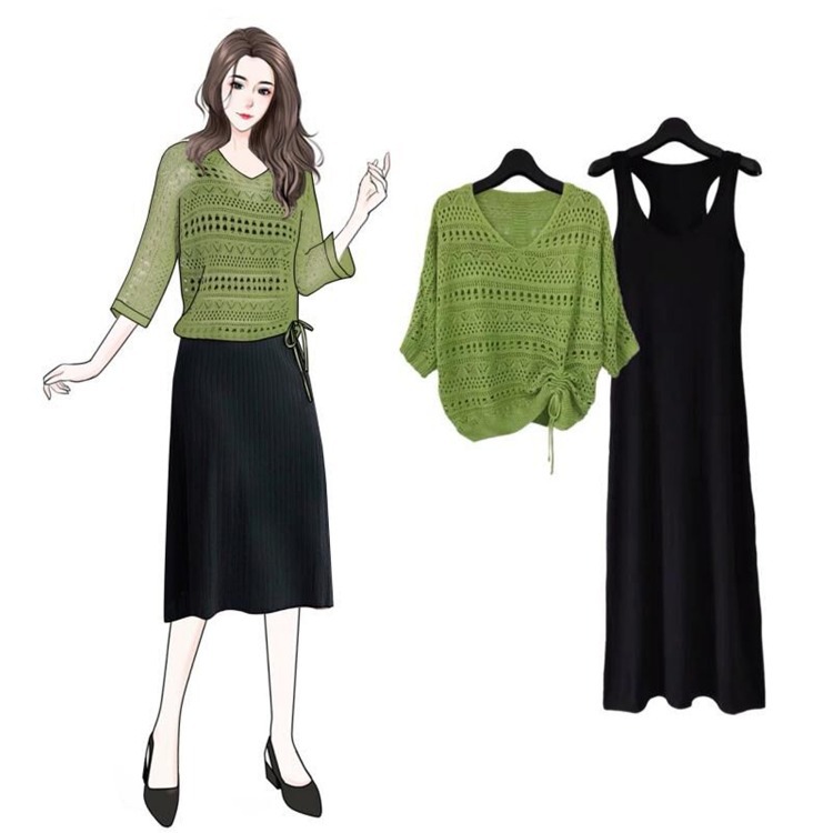 Green Hollow-Out Knit Sweater Cover-Up Thin Batwing Shirt 2026 Spring/Summer New Dress Two-Piece Set