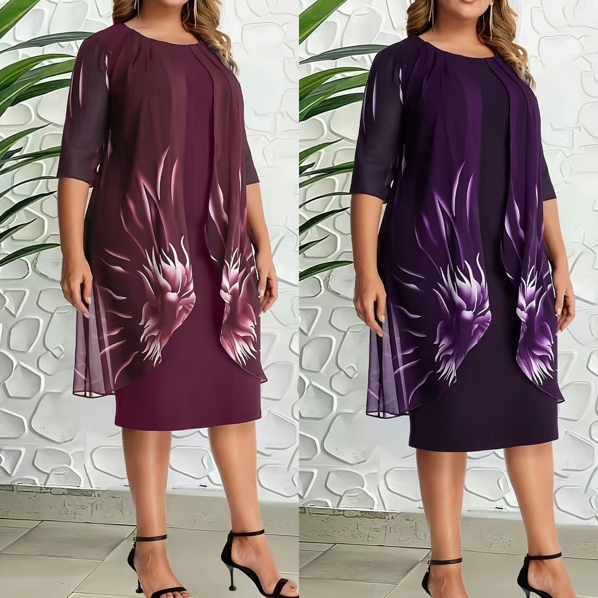2025 Summer New European and American Cross-Border Foreign Trade Women's Clothing Loose Casual Mid-Sleeve Round Neck Mesh Dress