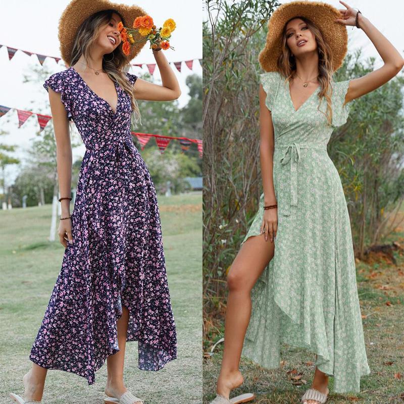 Real shot bohemian beach vacation dress rayon printed V-neck lace-up slim irregular swing skirt