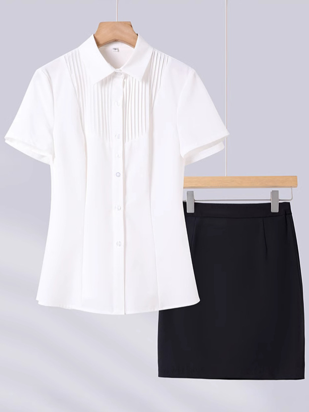 Short-sleeved White Shirt Women's Summer New OL Commuter Slim-fit Organ Pleated Stitching Professional Tooling plus size Shirt