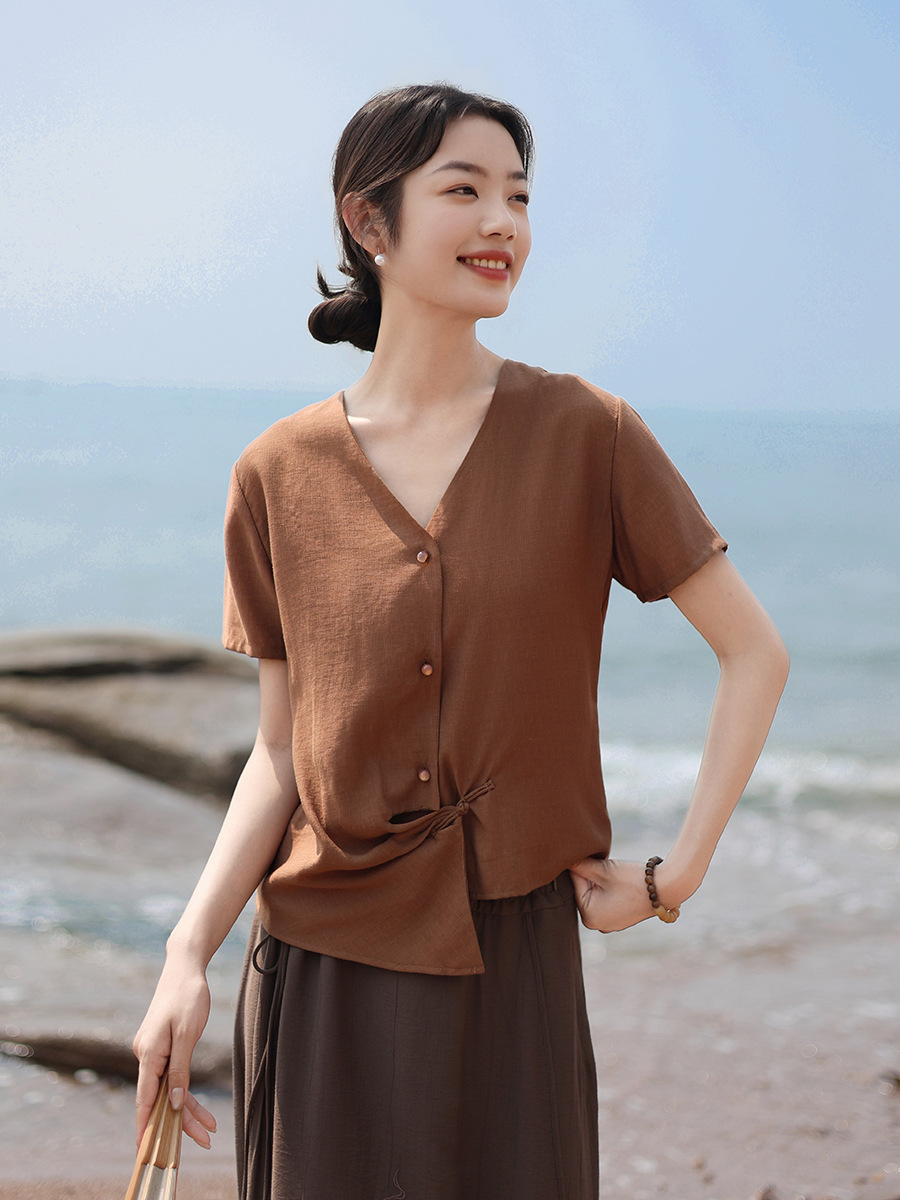 Cotton and Linen Women's New Linen Short-Sleeved Shirts Women's High-End Temperament Light and Thin New Chinese Style Button Tops Wholesale