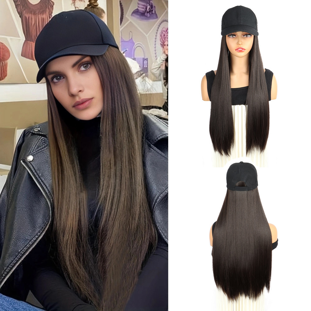 Hat Wig Women's Long Straight Hair Duck Tongue Baseball Hat with Wig One-Piece Fashionable Spring and Summer Full Headgear