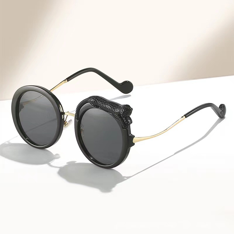 New Fashionable European and American Style Personalized Round-Frame Sunglasses Men and Women Korean Style Fashionable Punk Leopard Head Sunglasses Cross-Border Glasses