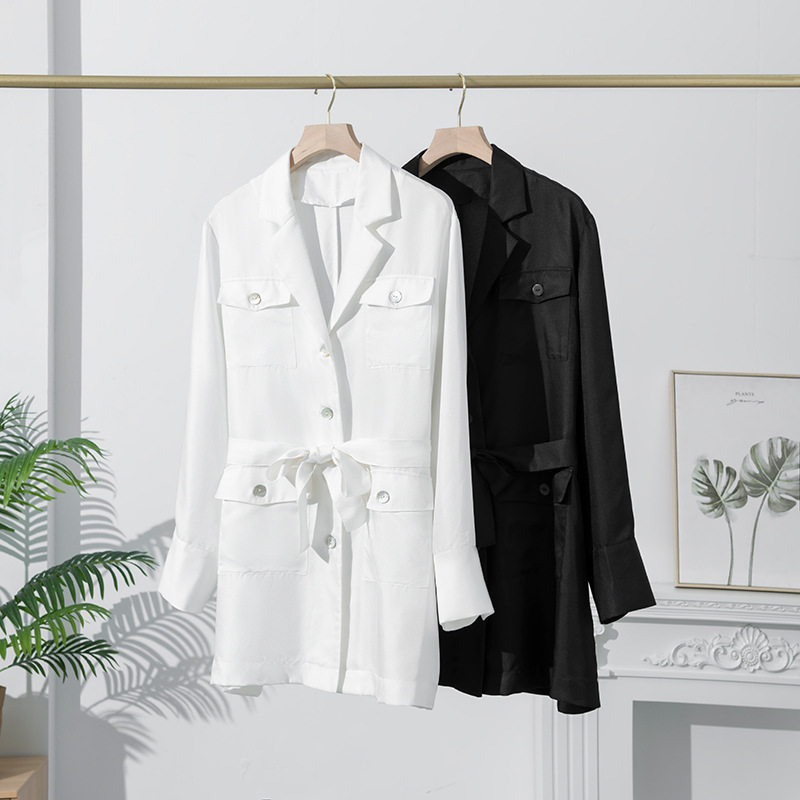 Spring New Silk Jacket Women's Long-Sleeved Suit Lapel Commuter Suit Loose Mid-Length Mulberry Silk Women's Clothing