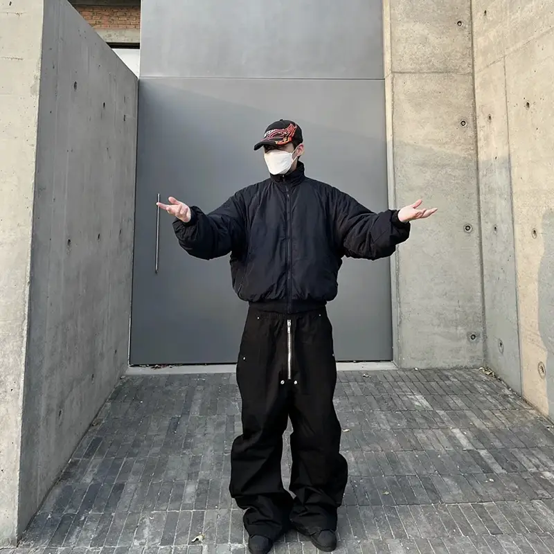 2024 dark workwear silhouette, wide legs, low crotch, loose casual, flared zipper, banana long pants, men's trend