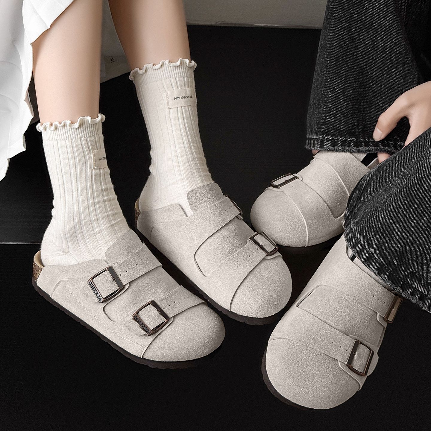 Vintage Leather Strap Birkenstock-Style Thick-Soled Buckle Cork Slip-On Slippers, British Style Closed-Toe Half Slippers