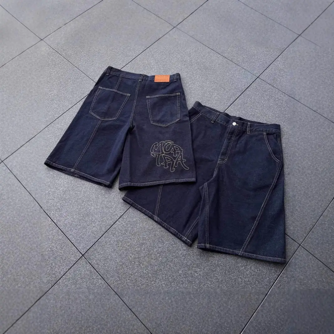 Europe and the United States Mertra denim shorts American street trend fashion couple shorts loose straight embroidered five-minute pants