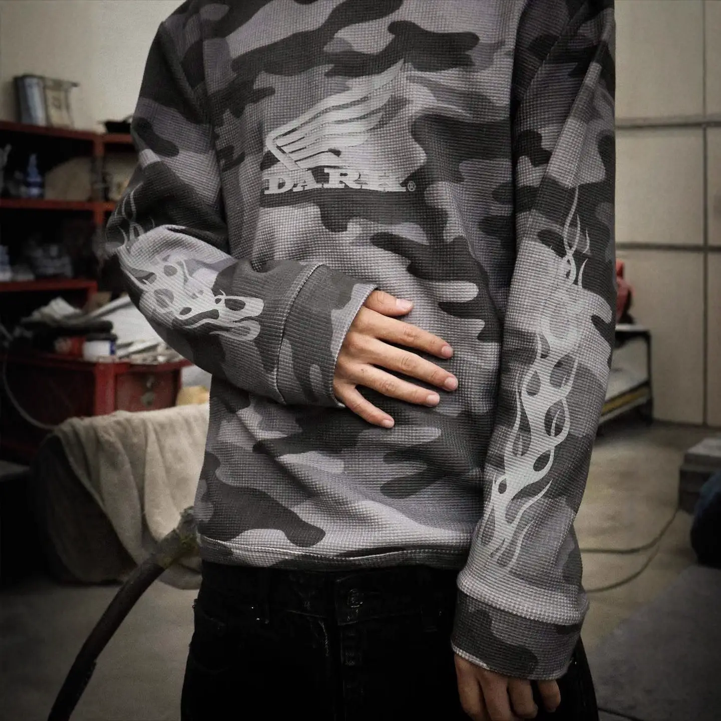 Ins American Street Camouflage Fashion Print Vintage Retro Classical Style Casual Loose Slim Long-Sleeved T-Shirt