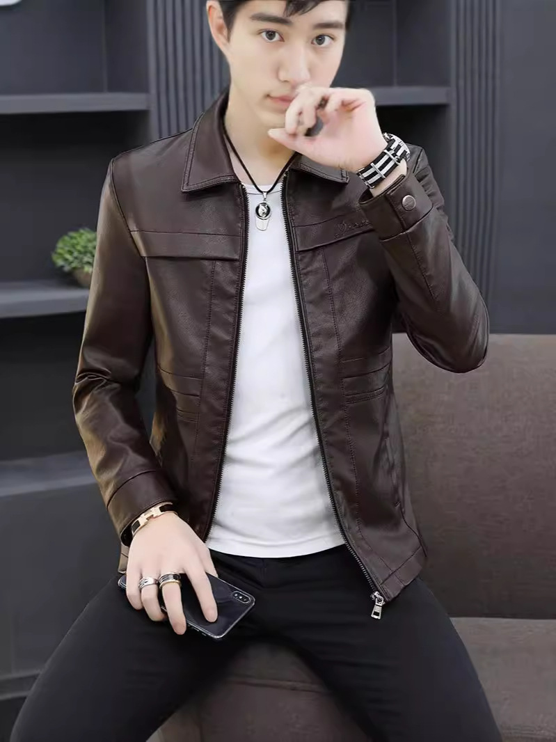 Men's Lapel Leather Jacket Korean Fashionable Slim-fit Motorcycle Thin Leather Jacket Trendy Autumn and Winter Work Jacket Men's Top