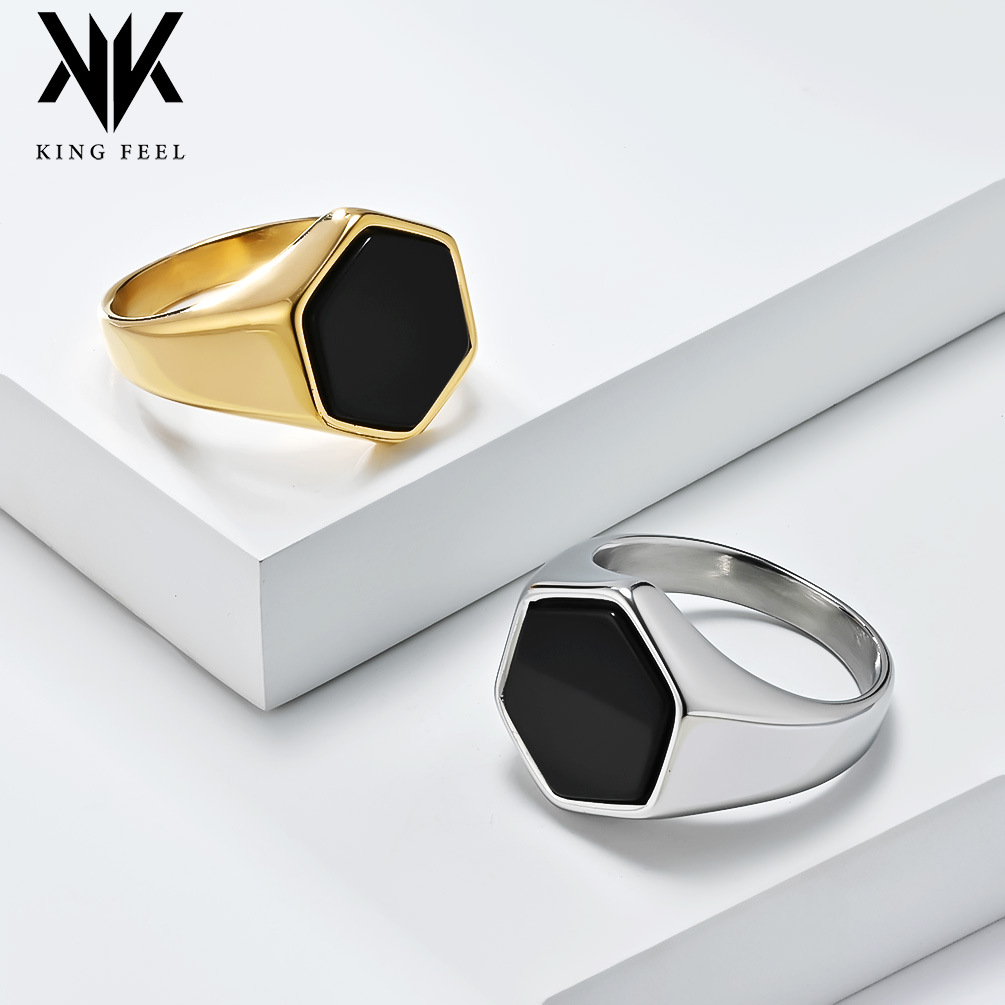 Simple Cold Style Geometric Hexagon Seal Blackstone Stainless Steel Ring Gender-free Fashion Personality Hand Jewelry