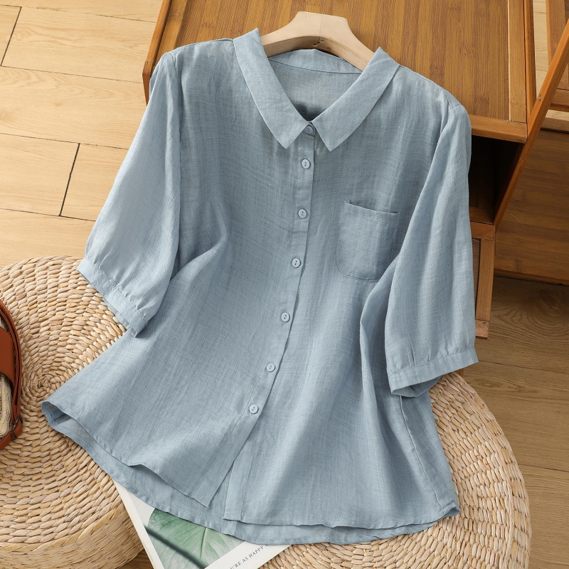 2026 Summer New Solid Color Turn-Down Collar Pocket Cotton Linen Shirt for Women, Versatile Casual Artistic Short-Sleeve Blouse for Women