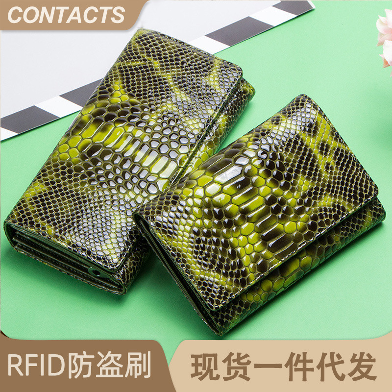Black Angel RFID Anti-theft Brush Crocodile Pattern Head Layer Cowhide Women's Wallet Short Three-fold Women's Clutch Bag in Stock