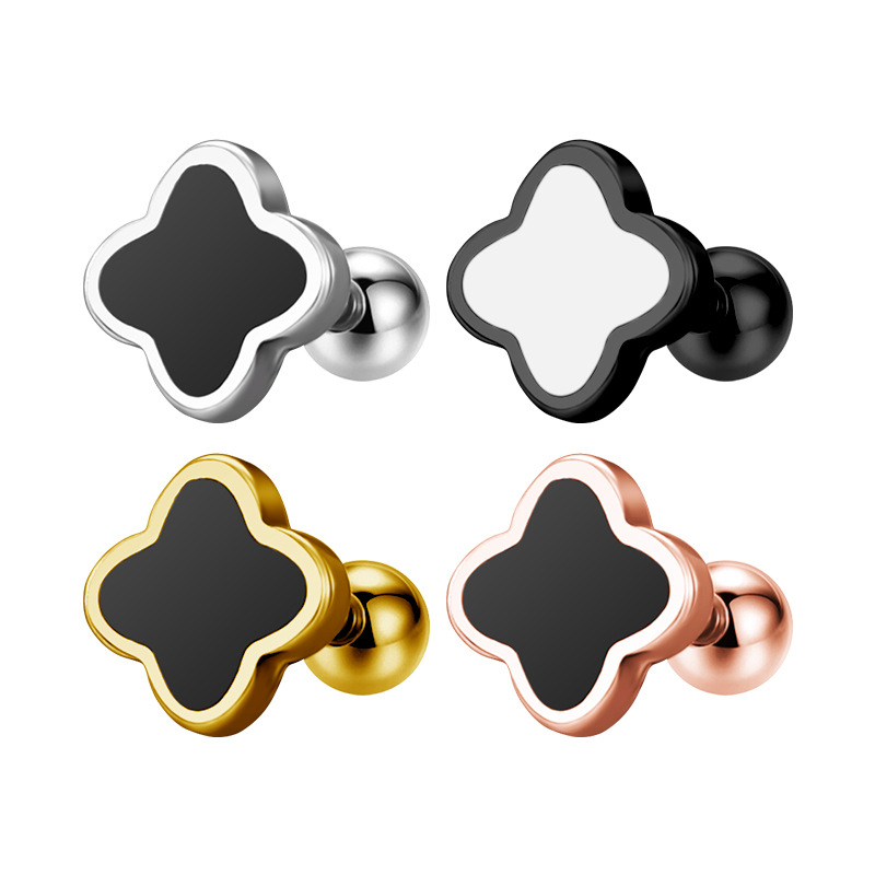 In-Stock Wholesale Fashion Medical Titanium Steel Earrings with Resin Four-Leaf Clover Oil-Drip Stainless Steel Earrings Original Design