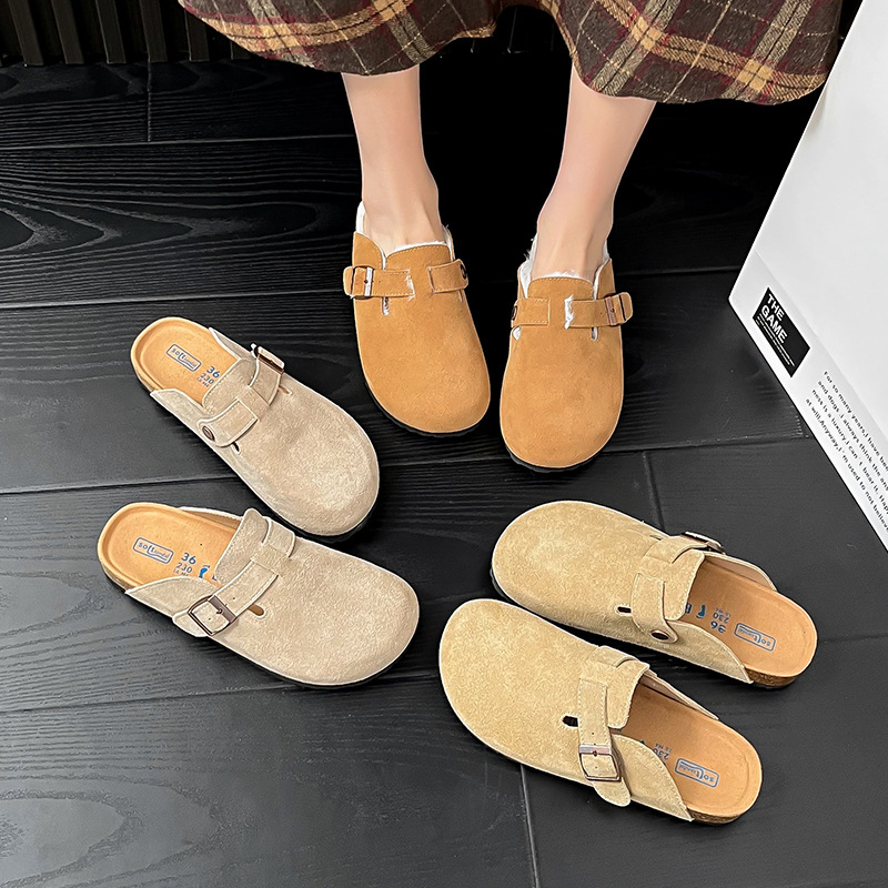 Fleece-lined warm feet genuine leather Bronken shoes women's slip-on warm plush slippers women's outer wear closed toe half slippers slippers