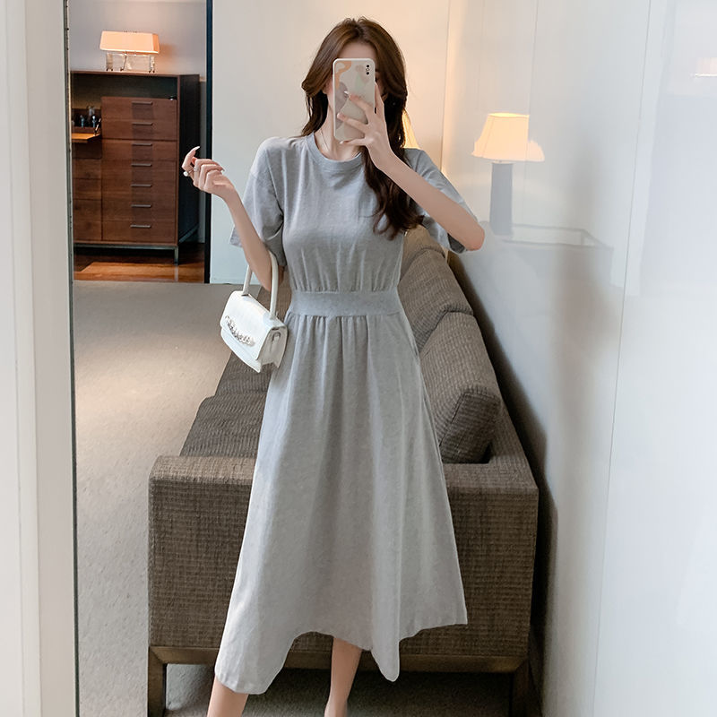 Summer dress large swing skirt girl Korean style half sleeve waist long skirt high waist round neck skirt solid color fashion