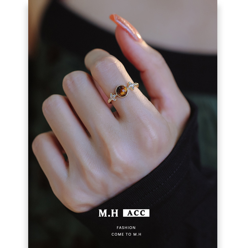 Fashionable Retro Maillard Tiger Eye Stone Open Ring for Women, Niche Design with a High-End Feel, Unique Index Finger Ring