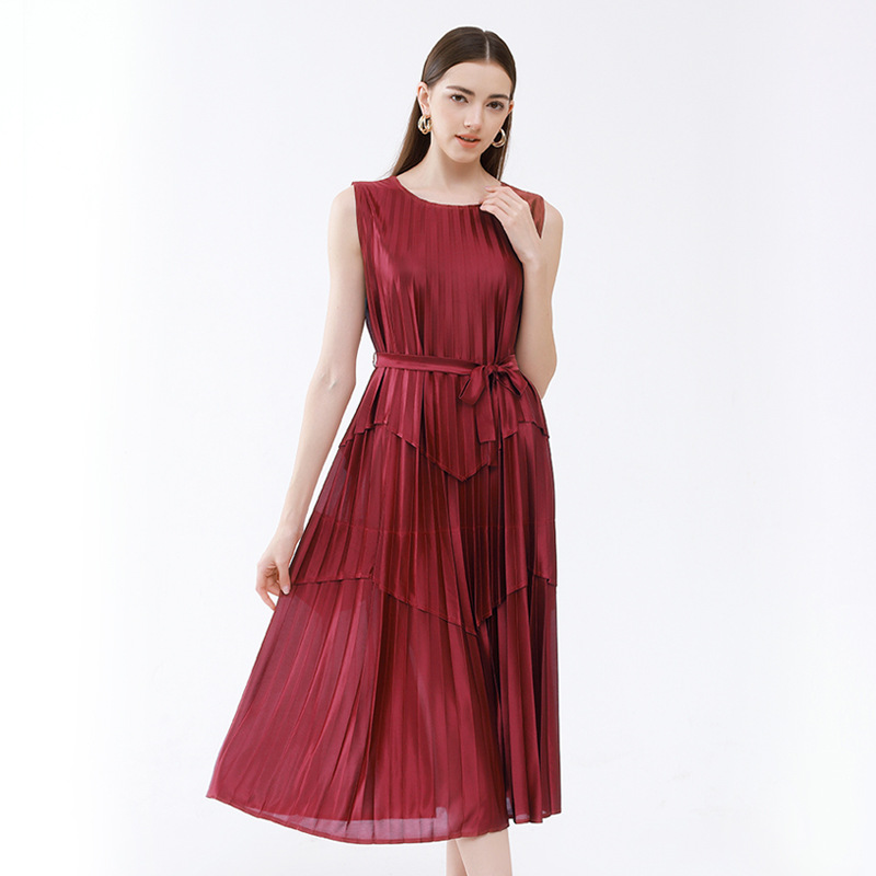 Heavy Satin Patchwork Belt Dress for Women 2026 New Summer Style Elegant Satin Glossy Sleeveless Waist-Cinching Over-The-Knee Dress