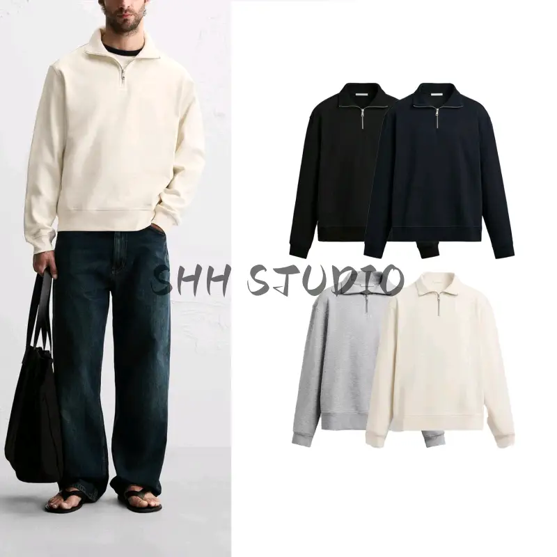 Autumn Men's Ribbed Trim Stand-Up Collar Long-Sleeve Basic Half-Zip Slim Straight Sweatshirt 0761311