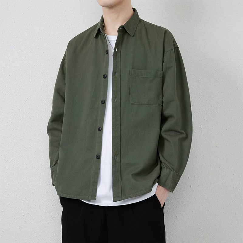 2024 Spring Men's New Cotton Shirt Casual Loose Pure Color Workwear Japanese Style Trendy Ins Long-Sleeved Shirt