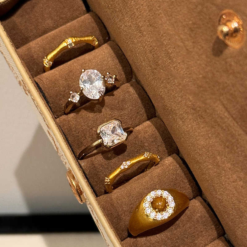 Retro geometric brushed bamboo zircon open ring simple fashion antique food finger ring light luxury jewelry wholesale